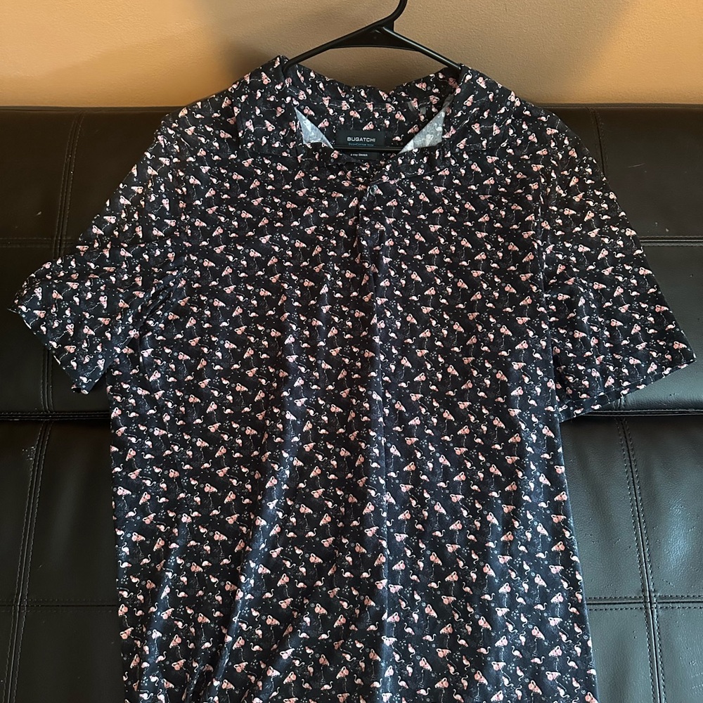 Bugatchi Black and Pink Flamingo Patterned Polo Shirt
